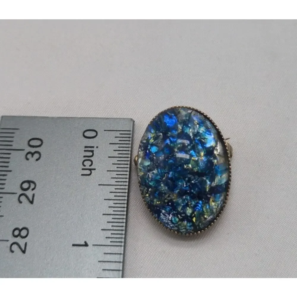 Blue Gold Foil Art Glass Cabochon Brooch Oval Faux Fire Opal Statement Pin Vtg